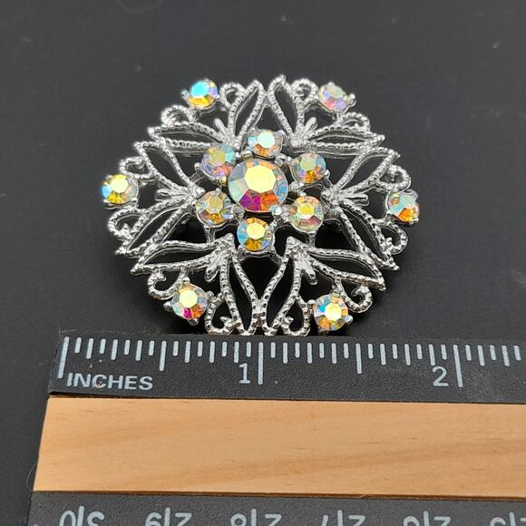 Vintage Snowflake Silver Tone Aurora Borealis Rhinestones 1 3/4 Inch Brooch - Picture 9 of 10